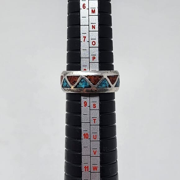 Vintage Sterling Silver Genuine Turquoise & Coral Navajo Native American Ring - Picture 4 of 4